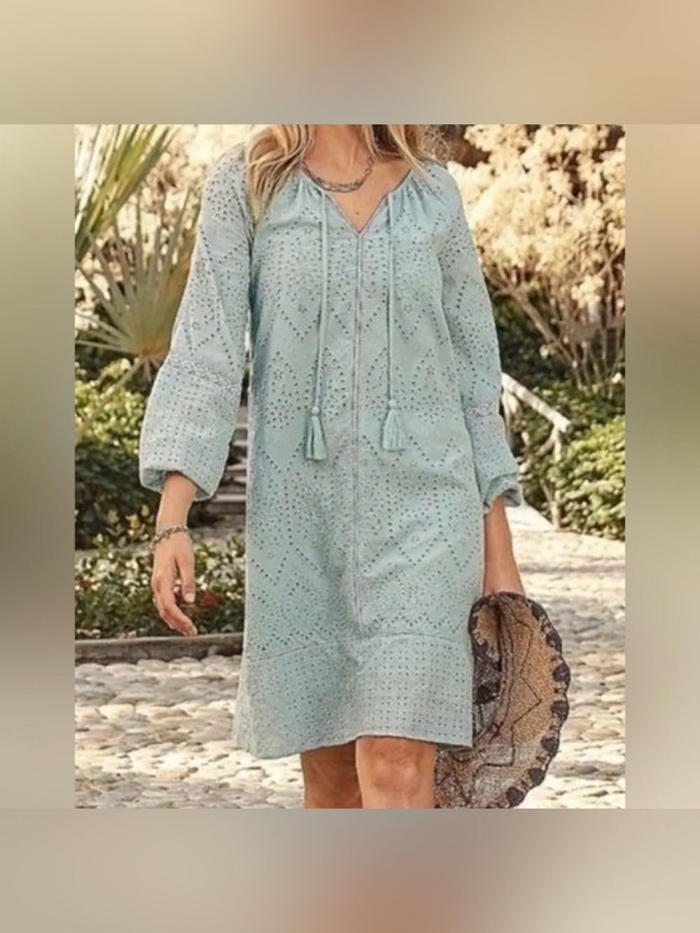Sundance Coastland Embroidered Eyelet Dress XS Cotton Light Blue Tassels